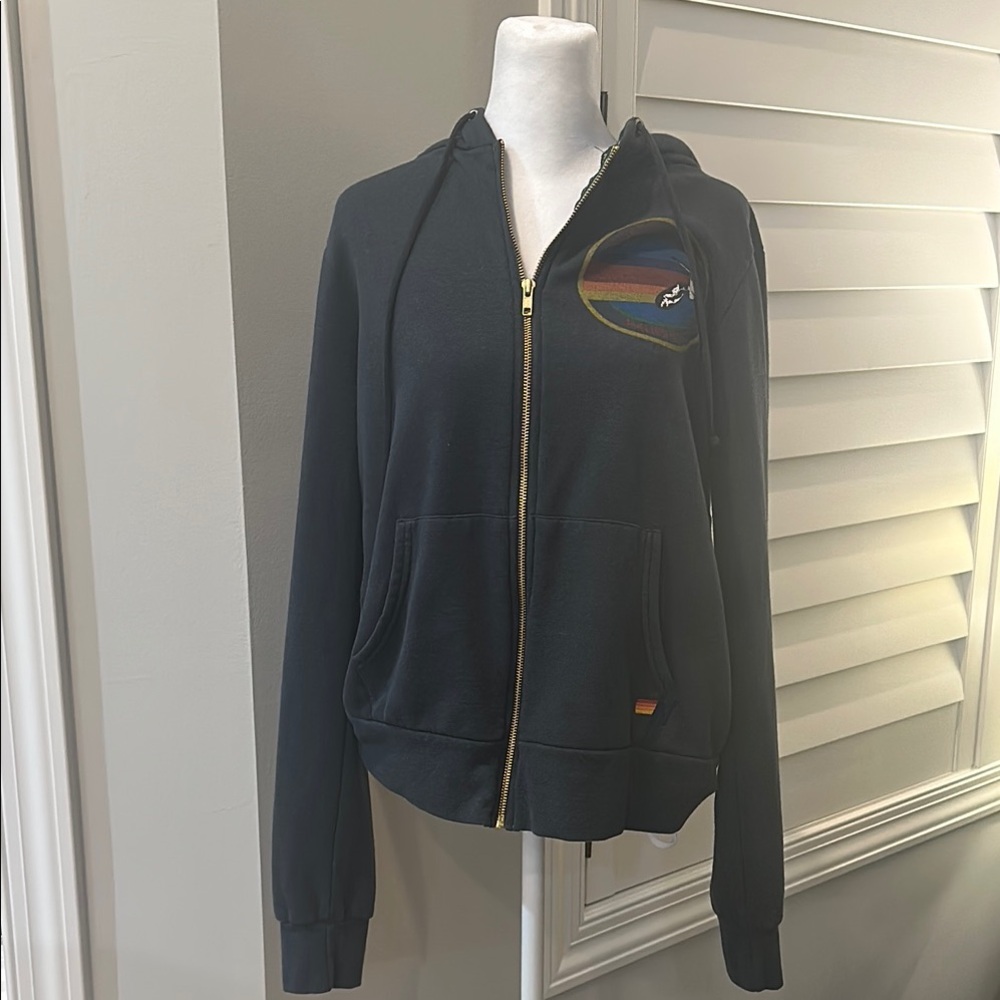 Aviator Nation Black Hoodie with Colorful Logo and Sleeve NWOT Large